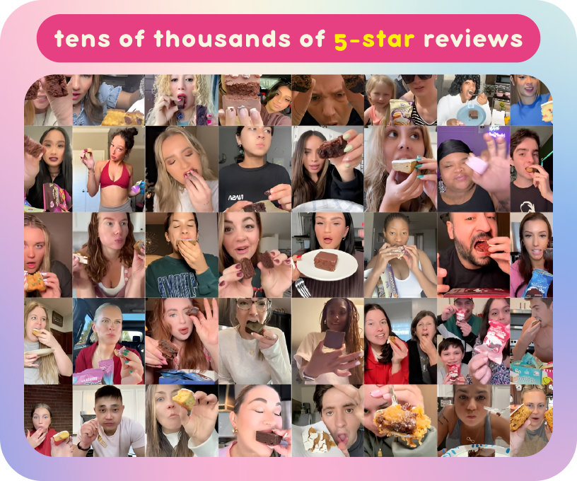 Collage of people enjoying various snacks and products, with text on top promoting five-star reviews.