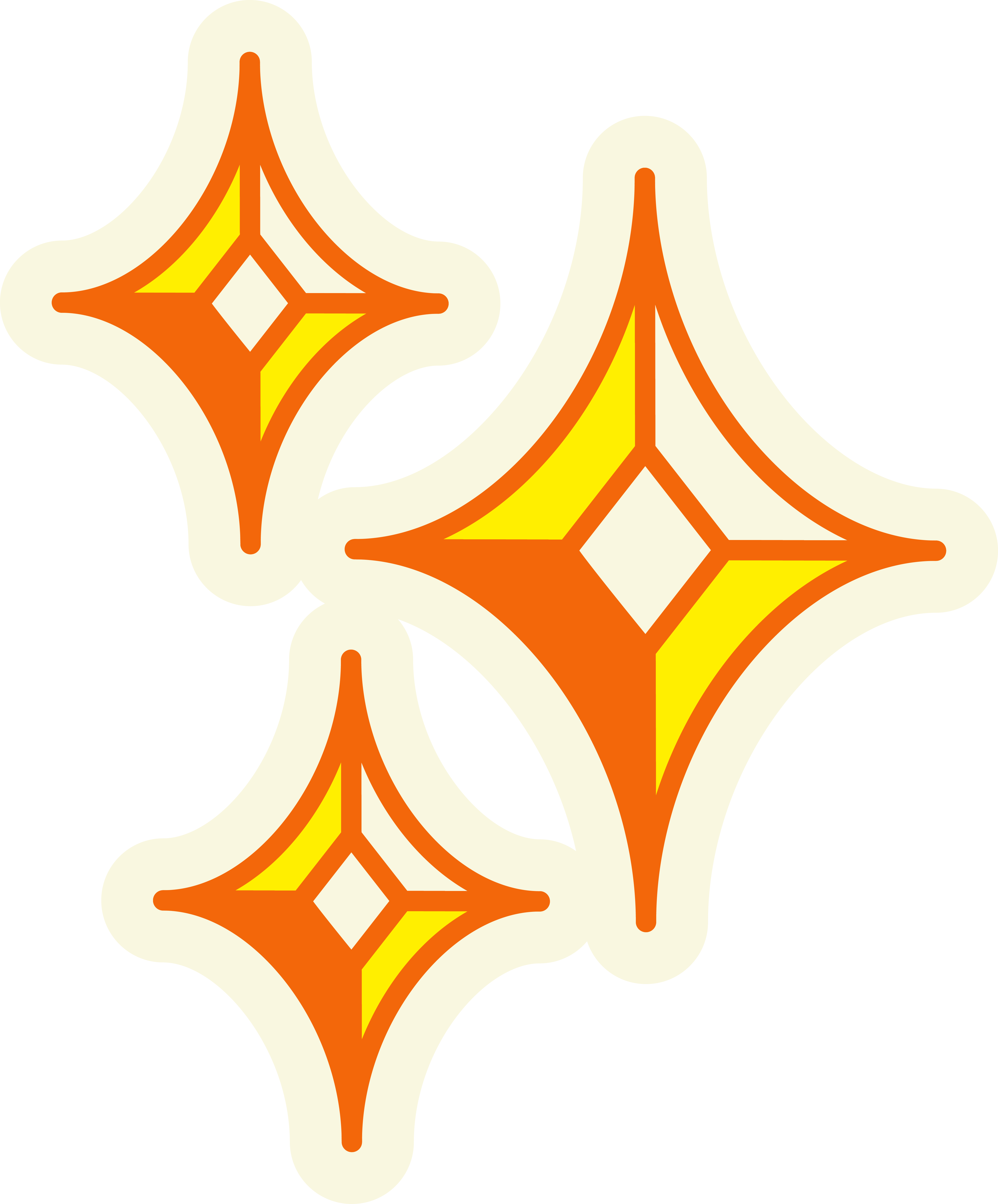 Three stylized orange and yellow star shapes on a green background.