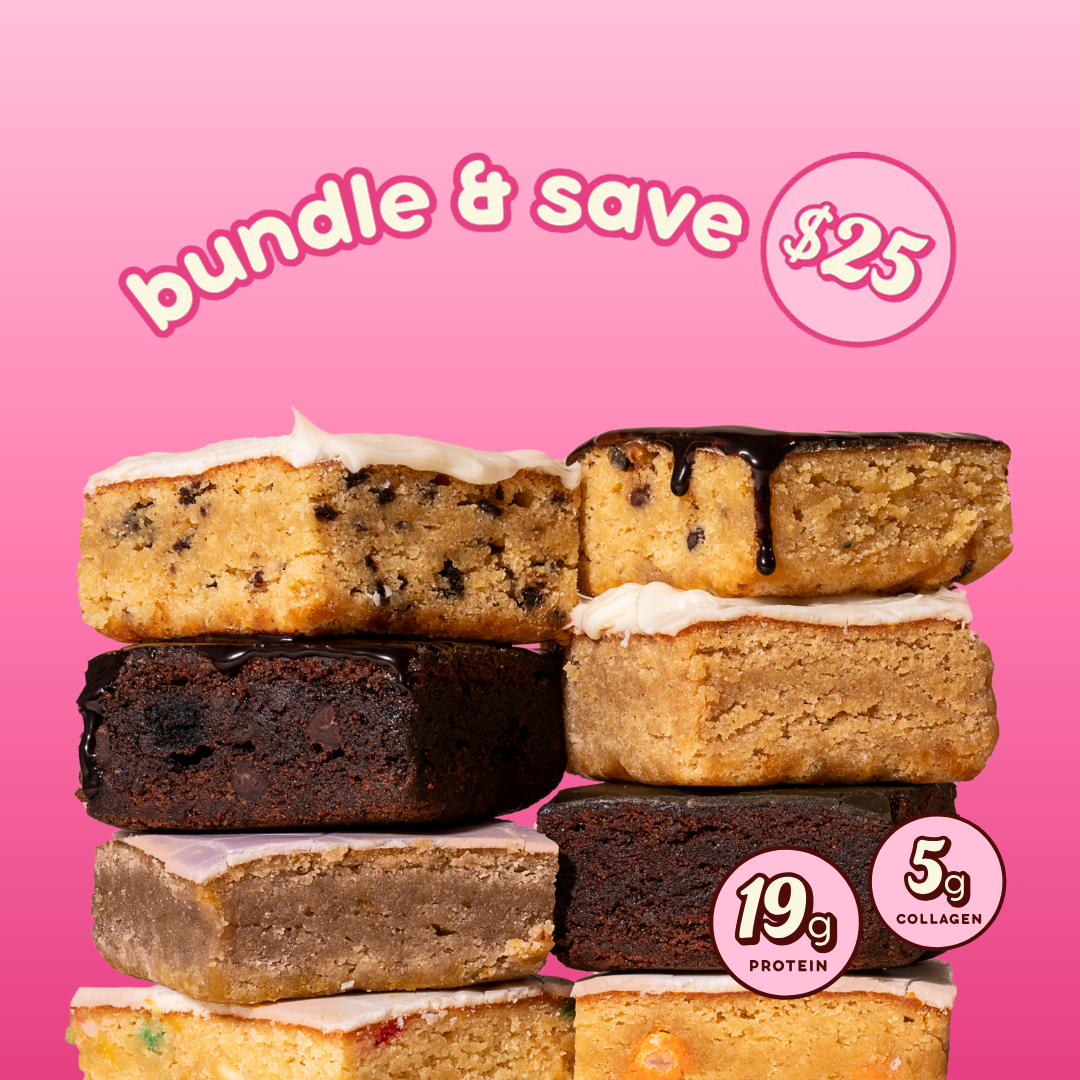 A stack of frosted brownies and blondies on a pink background with promotional text.