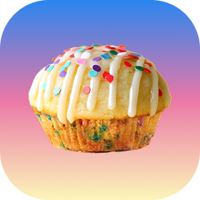 Colorful cupcake with icing and sprinkles on a gradient background.