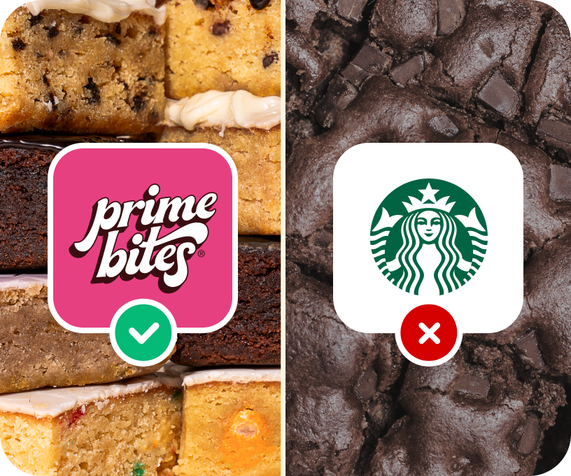 Left: baked goods with 'prime bites' logo. Right: chocolate cookies with Starbucks logo.
