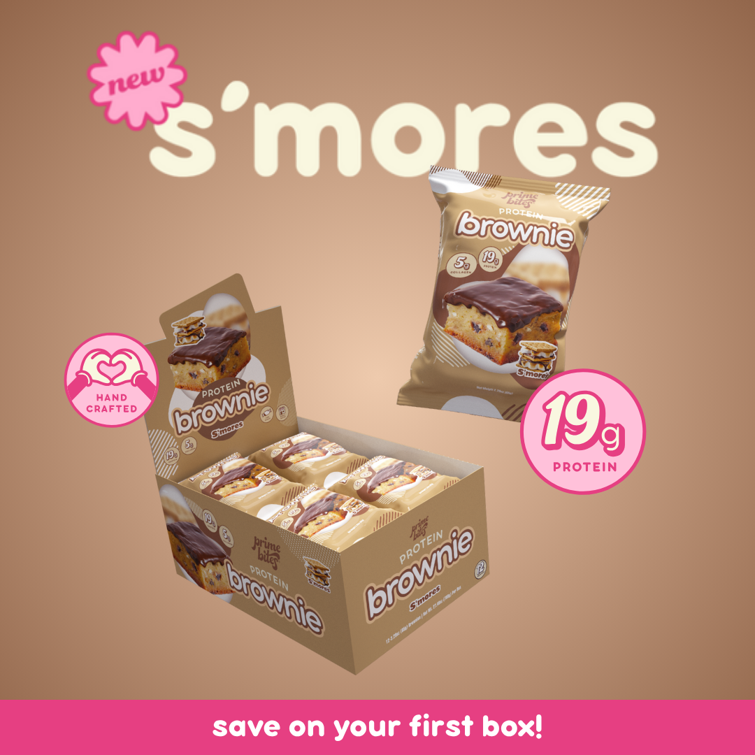 Box and packet of s'mores protein brownies with 19g protein label.