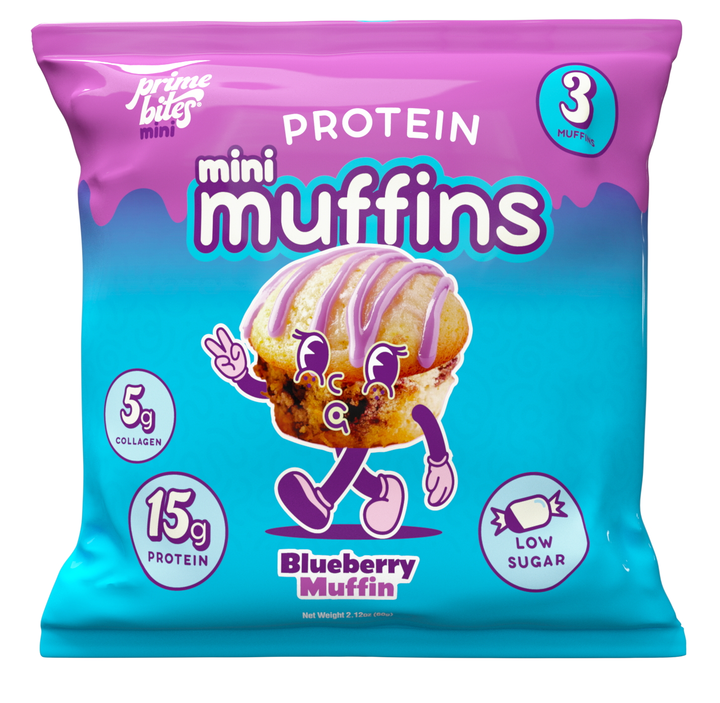 A package of blueberry protein mini muffins with cartoon muffin character.