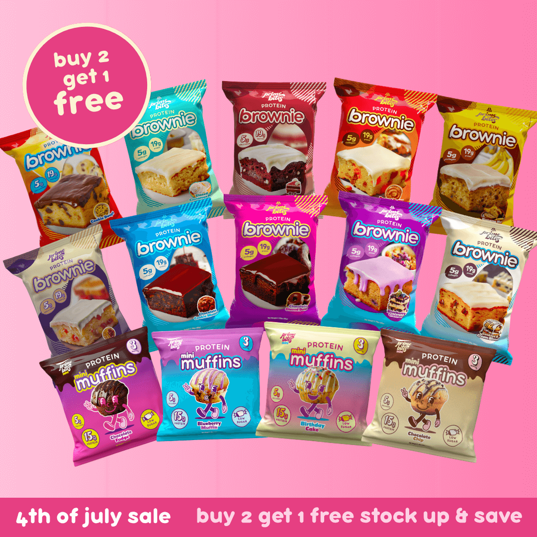 Assorted protein brownie and muffin packages on a pink background with promotional text.