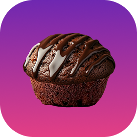 Chocolate muffin with white and dark chocolate drizzle on gradient purple background.