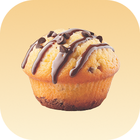 A muffin with chocolate drizzles and chips on top, against a gradient background.