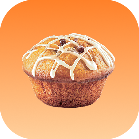Muffin with white icing on orange gradient background.