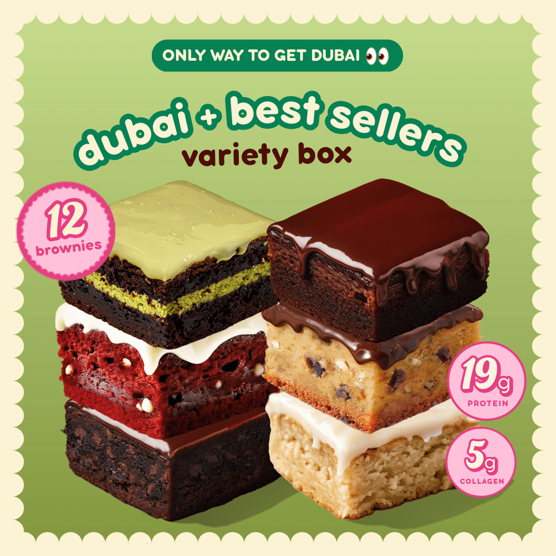 An advertisement showing six different kinds of frosted brownies stacked in two piles on a green background.