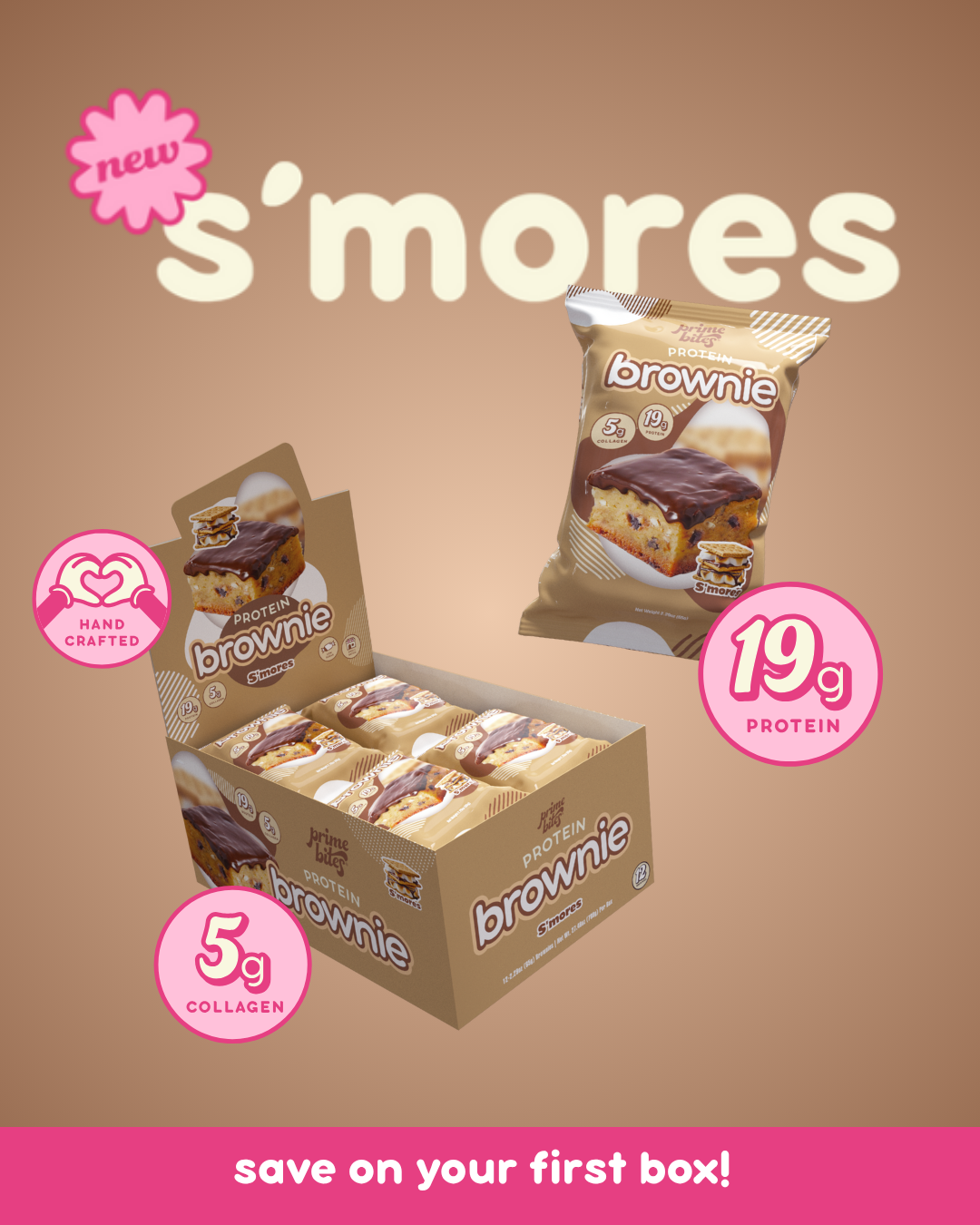 Box and packet of s'mores protein brownies with nutritional highlights.