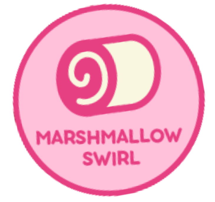 Pink badge with a marshmallow swirl illustration and text 'Marshmallow Swirl'.