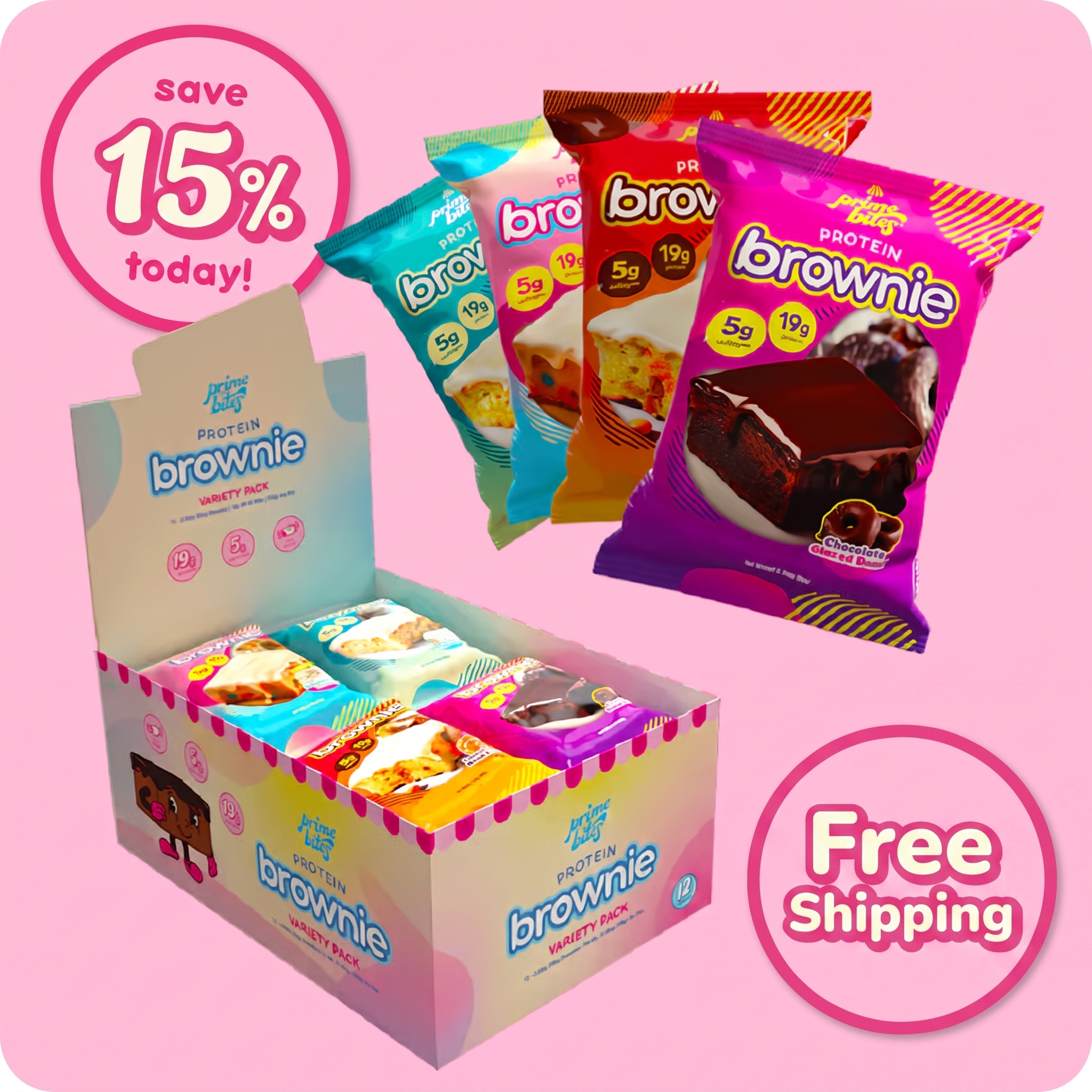 A variety pack box and four individual packets of Prime Bites Protein Brownies with promotional text.