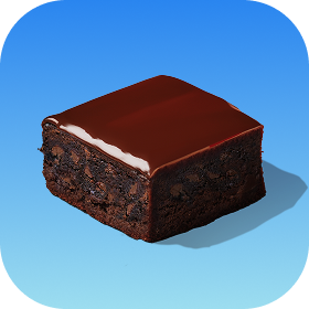 A chocolate brownie with glaze on a blue gradient background.