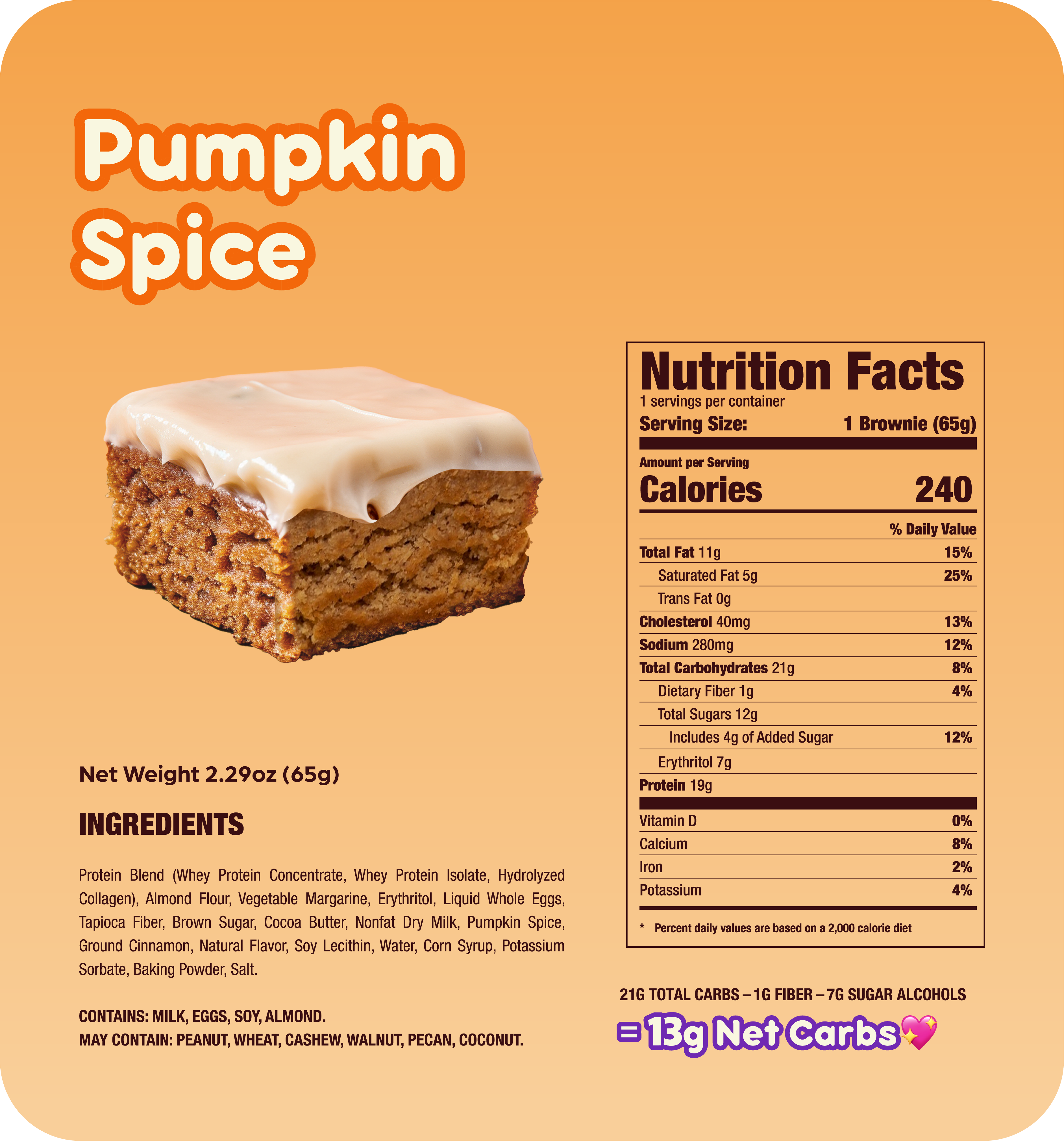 Pumpkin spice brownie with icing, nutrition facts, and ingredients listed on an orange background.