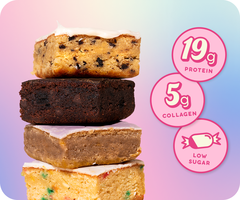 Stack of four dessert bars with protein, collagen, and low sugar icons.