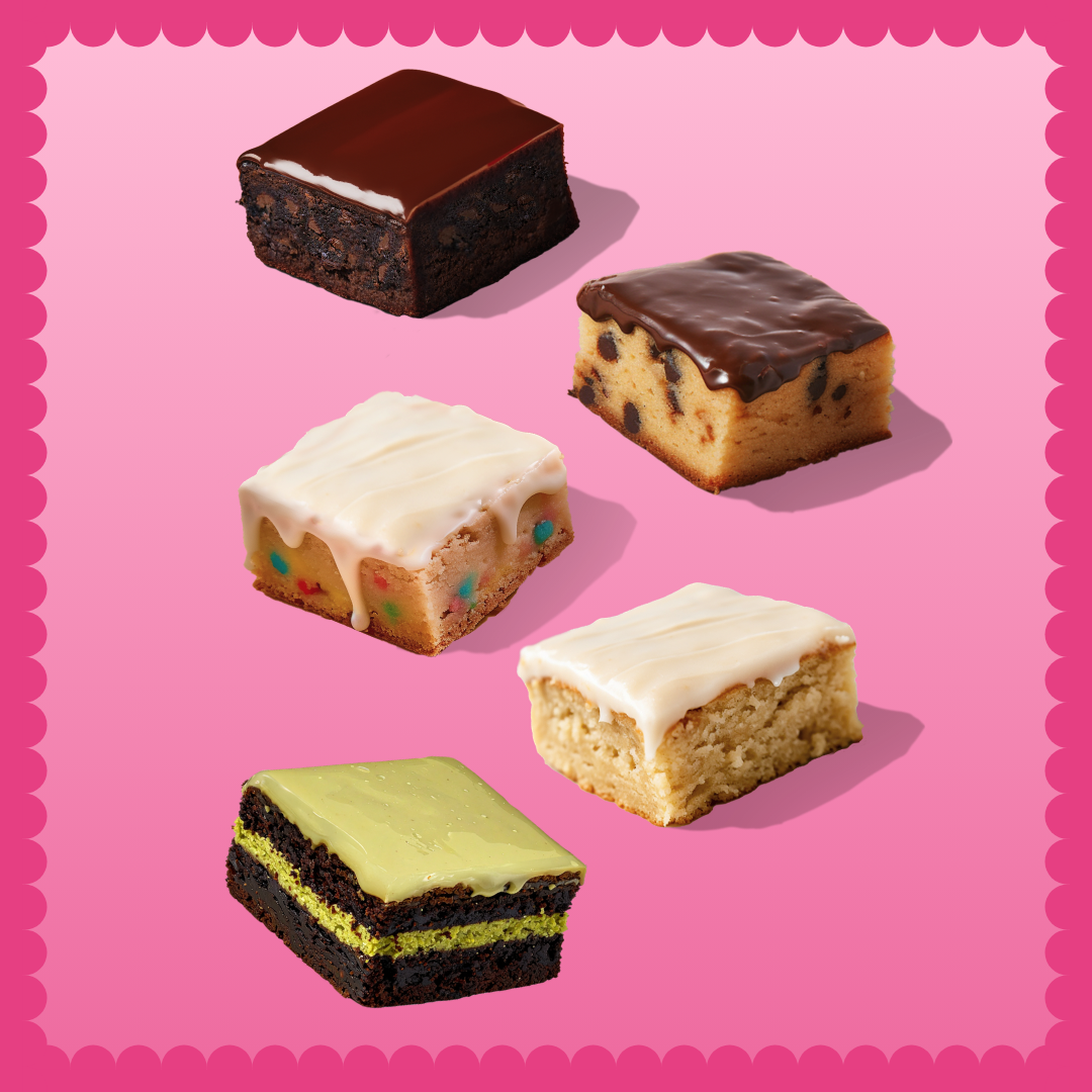 Five assorted frosted brownies and blondies arranged on a bright pink background with a scalloped border.