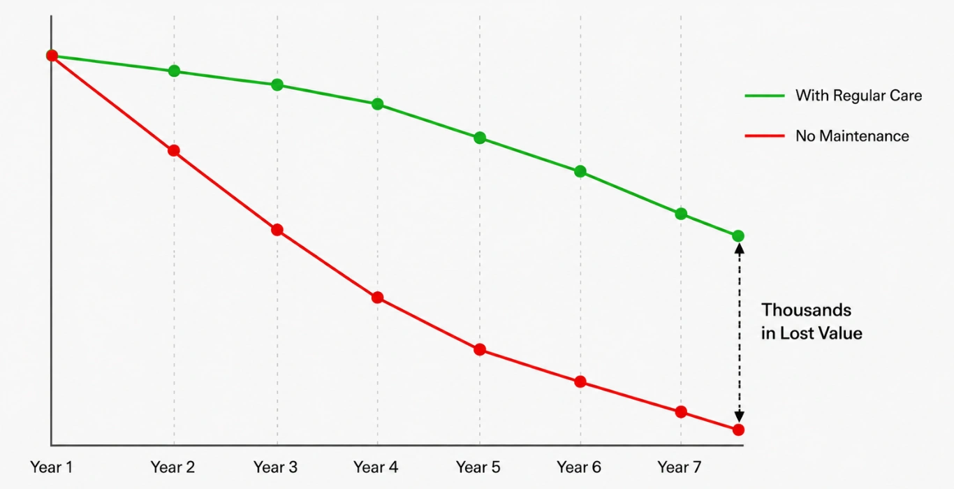 A line graph showing value declining more slowly with regular care versus no maintenance over seven years.