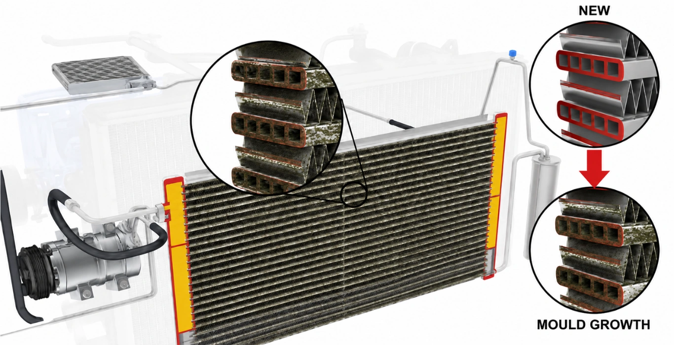 Diagram comparing a new car air conditioning unit with one that has developed mould growth.