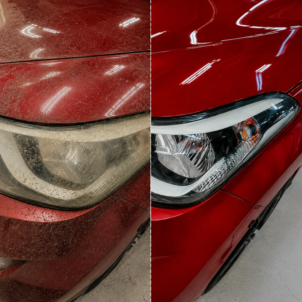 A before-and-after split image showing a dirty red car headlight and hood versus a clean and shiny one.