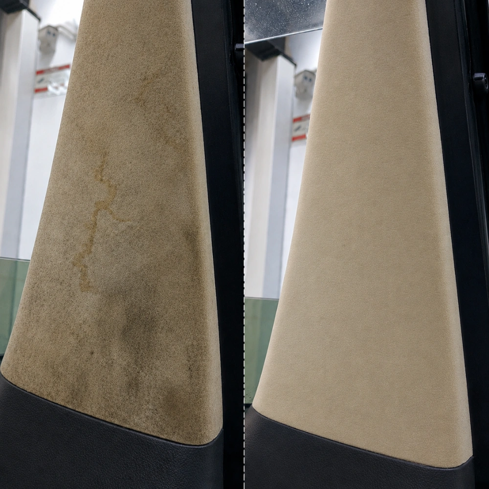 A side-by-side comparison of a stained car pillar before and after being professionally cleaned.