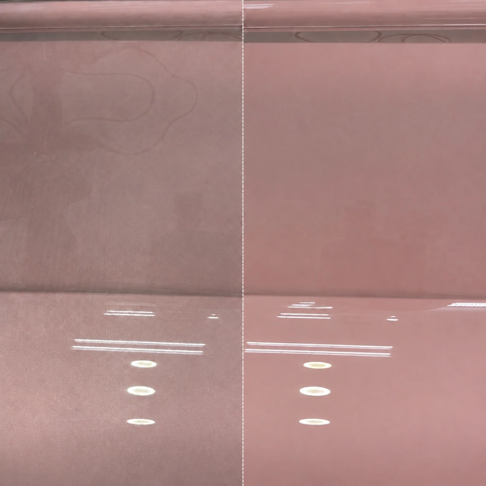 A before-and-after image showing a pink surface cleaned of a stain, making it smooth and glossy.