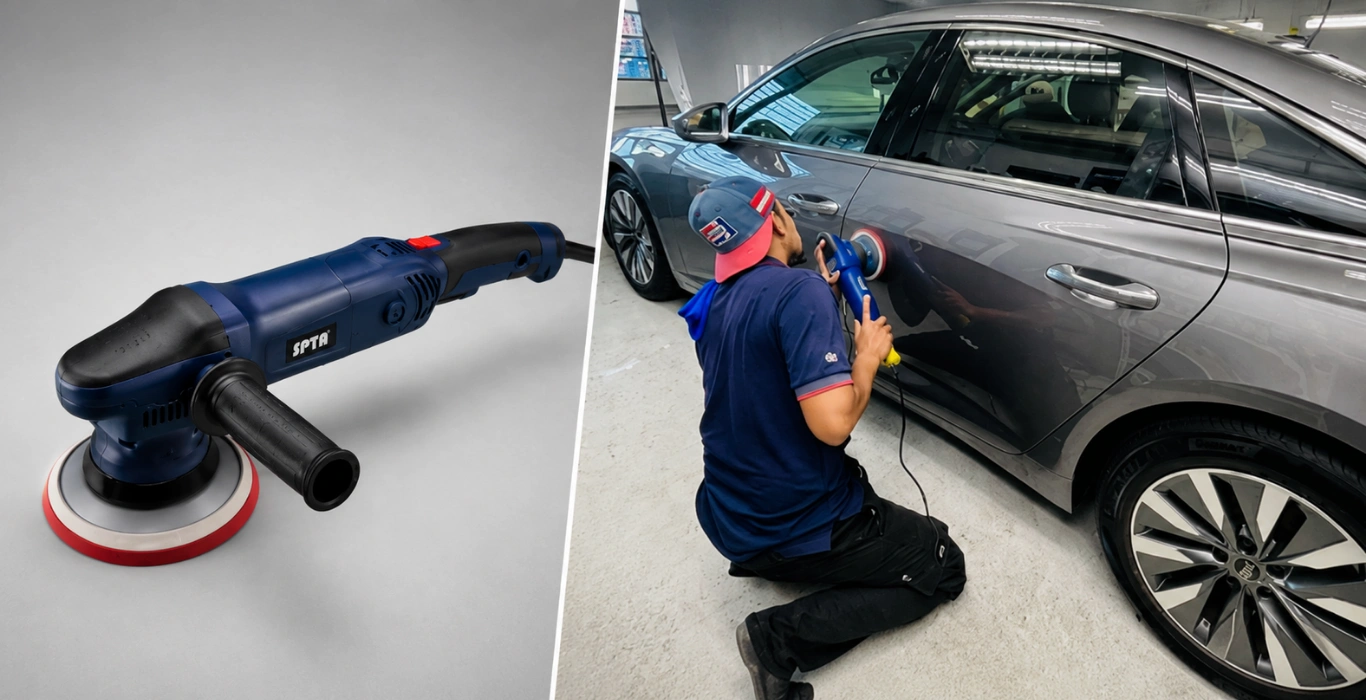 A split image showing a blue car polisher and a person using it on a grey car.