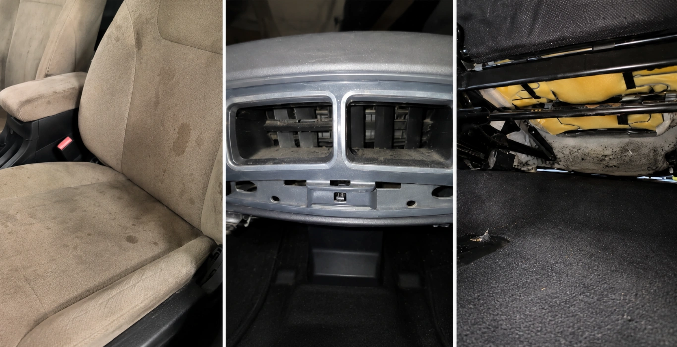 A collage of photos showing a dirty car interior, including stained seats, dusty vents, and dirty floors.