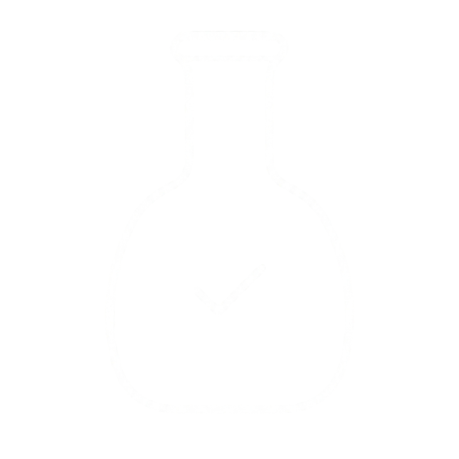A white line icon of a chemical flask with a checkmark inside.