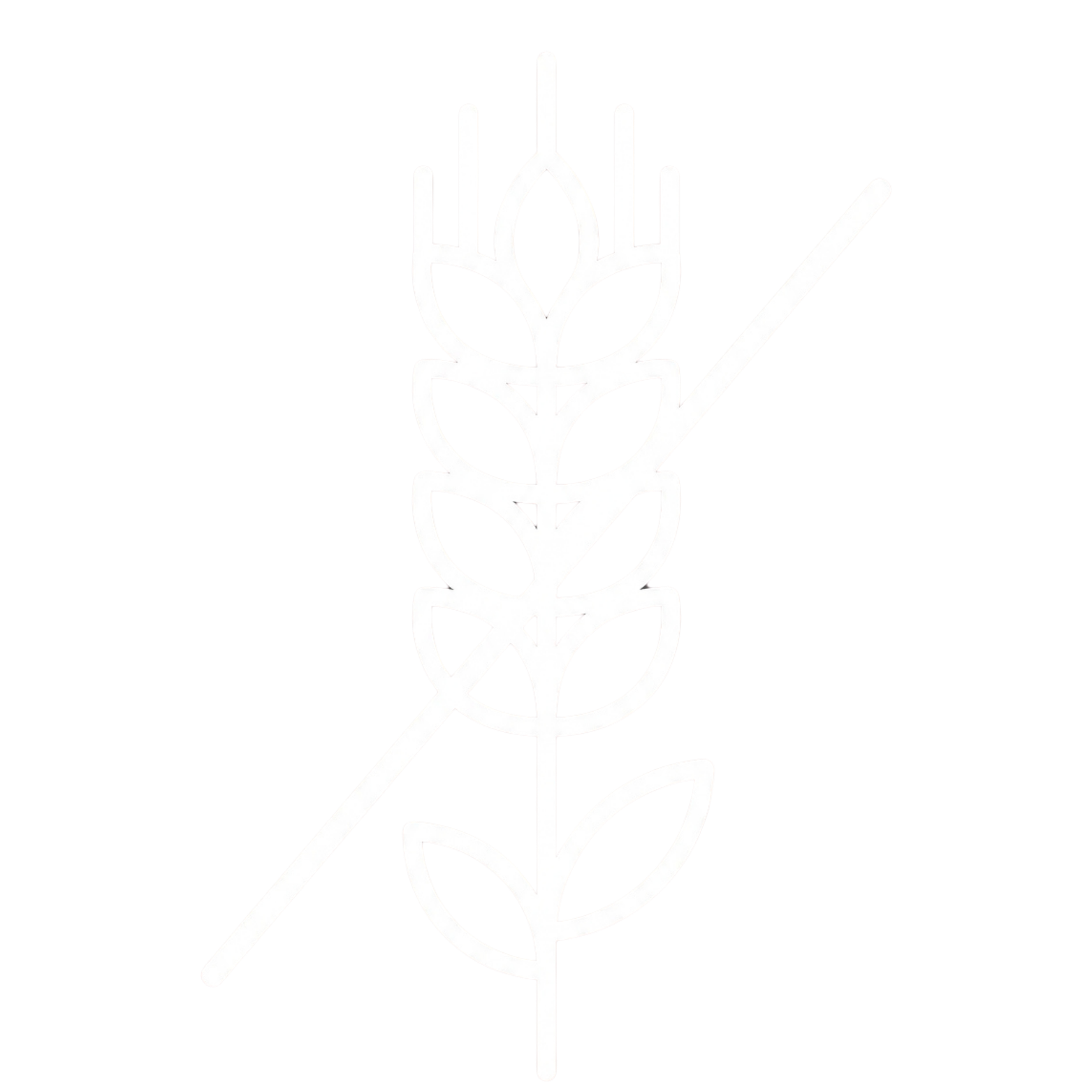 A white line icon of a stalk of wheat with a diagonal line striking through it.