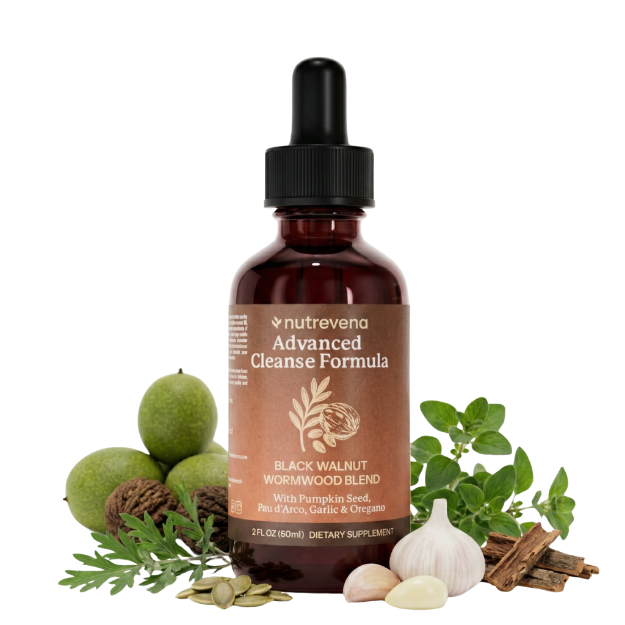 A bottle of Nutrevena Advanced Cleanse Formula surrounded by its ingredients: black walnuts, garlic, and herbs.