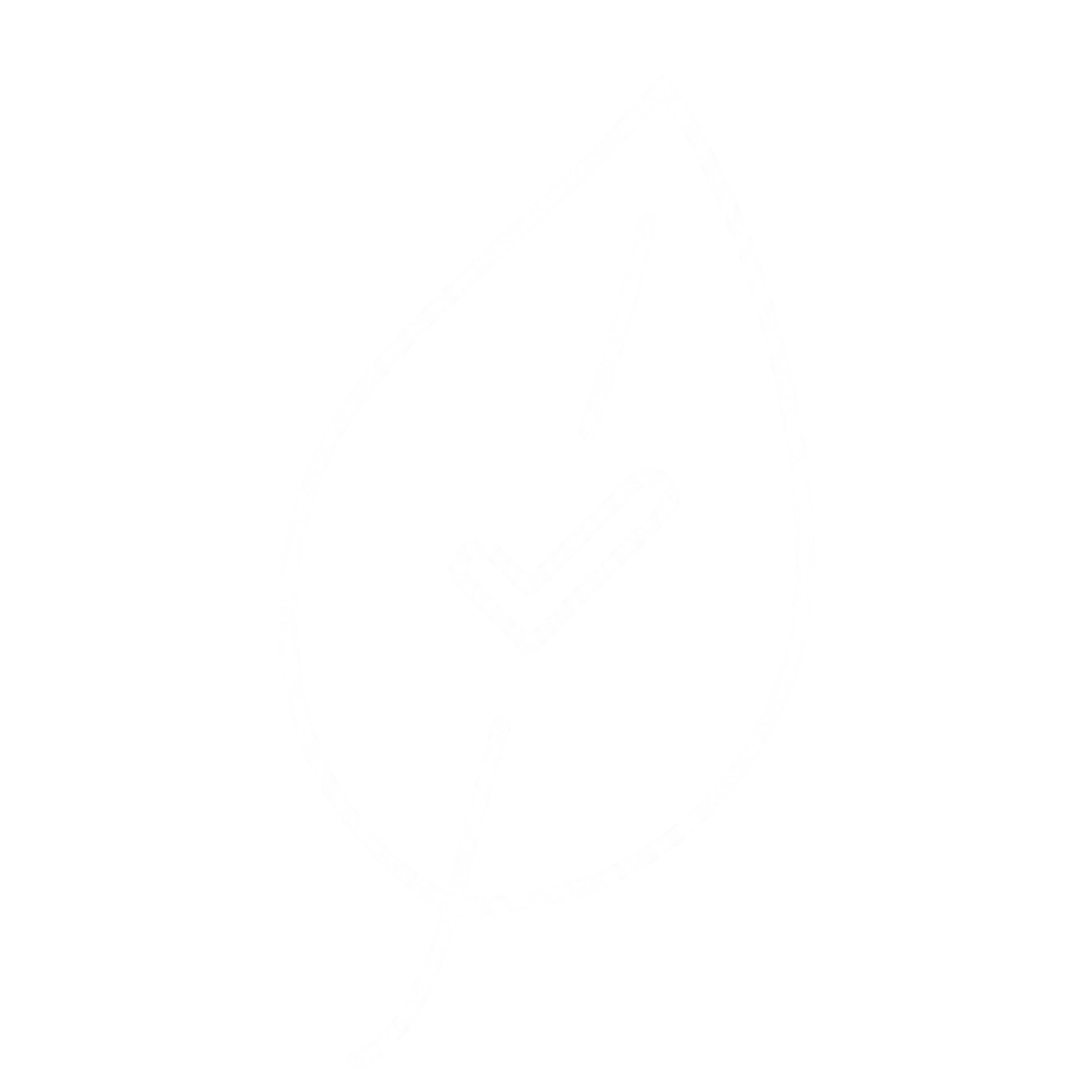 A white line drawing of a leaf with a checkmark inside of it.