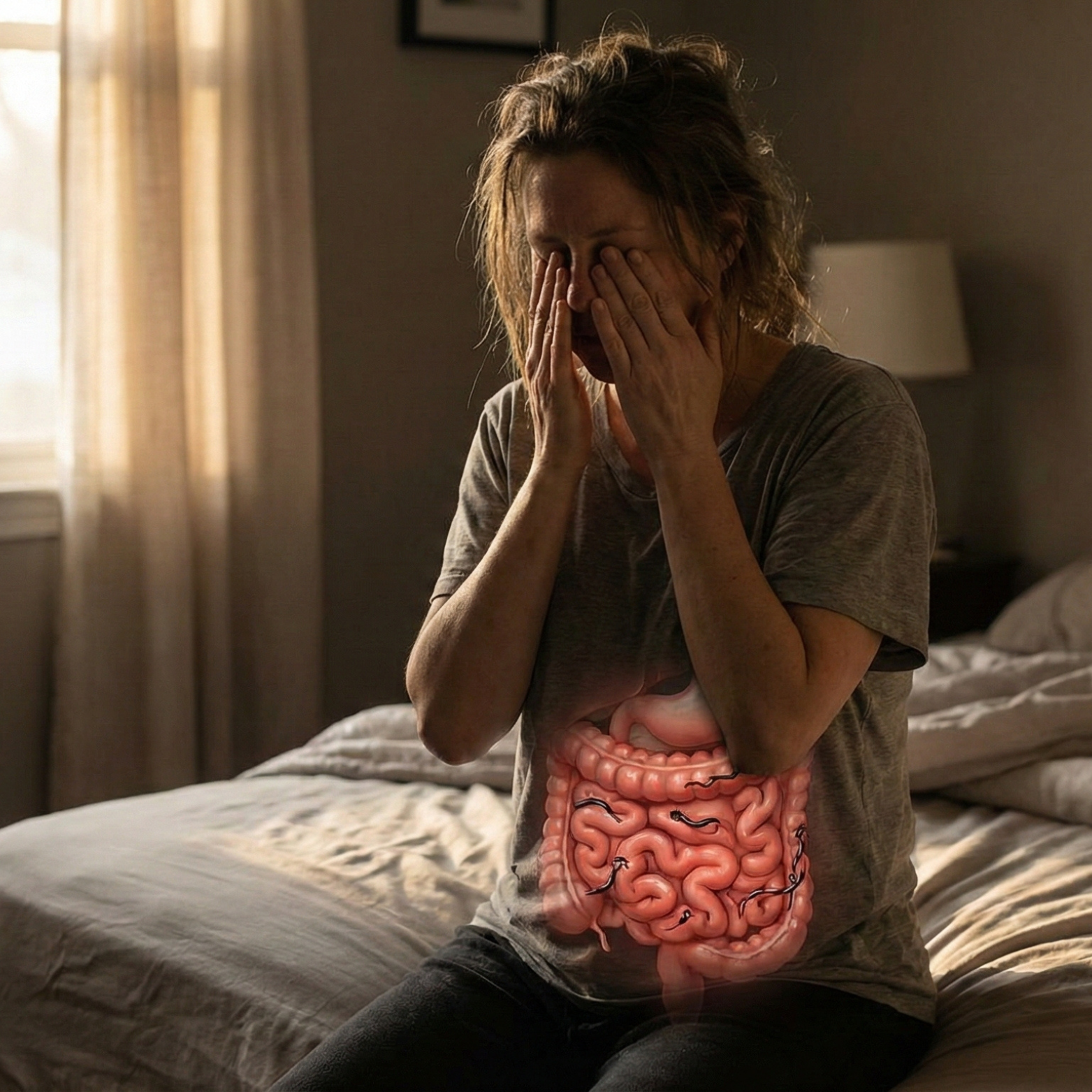 A distressed woman sits on a bed with a graphic overlay showing parasites in her intestines.