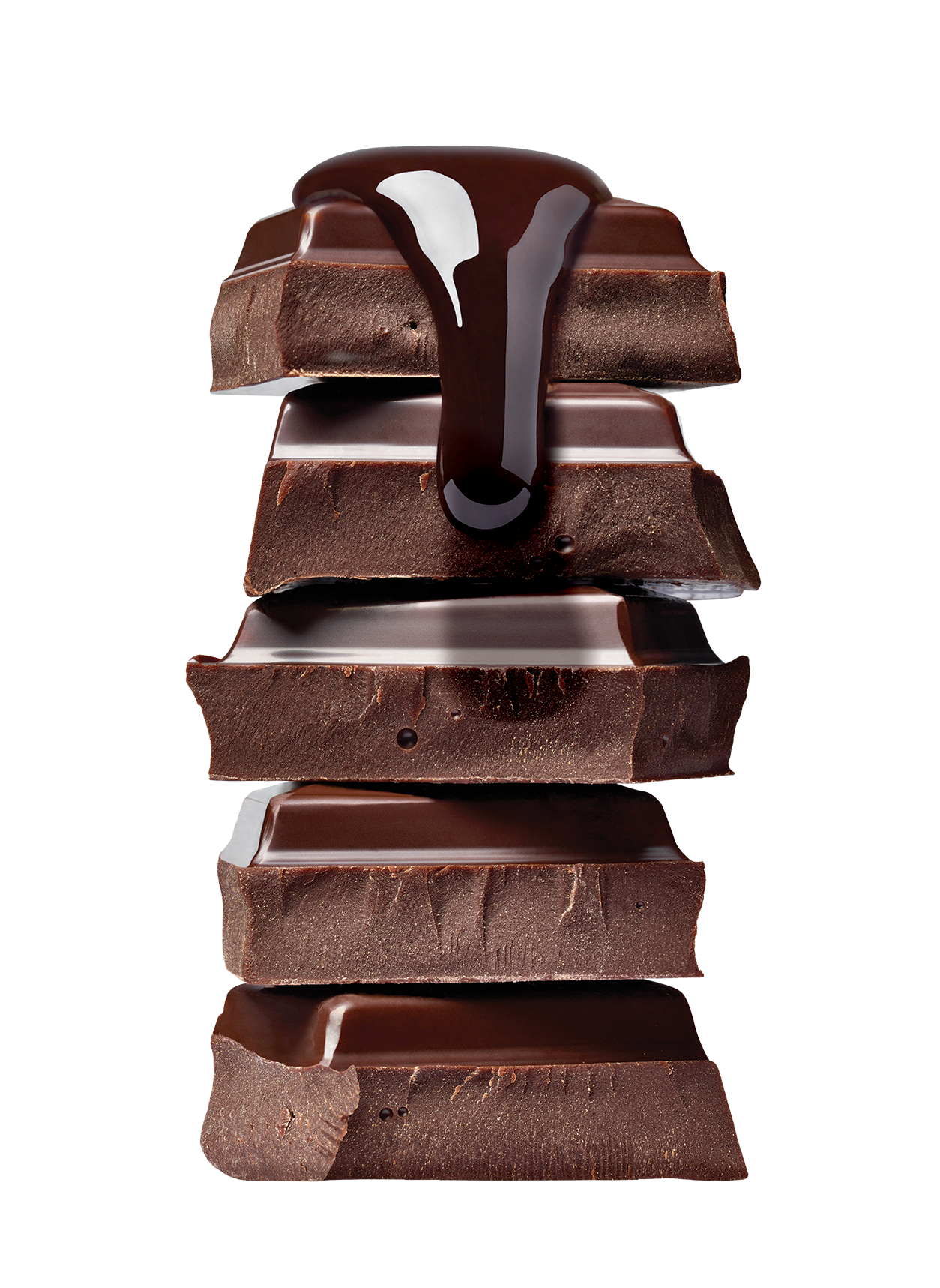 Stack of chocolate pieces with melted chocolate dripping.
