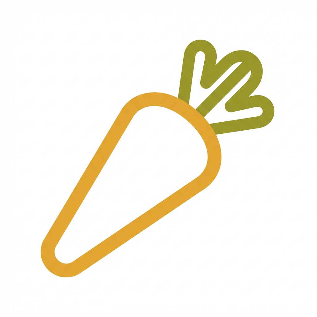 A simple, stylized icon of a carrot with a yellow-orange outline and green leaves on a white background.