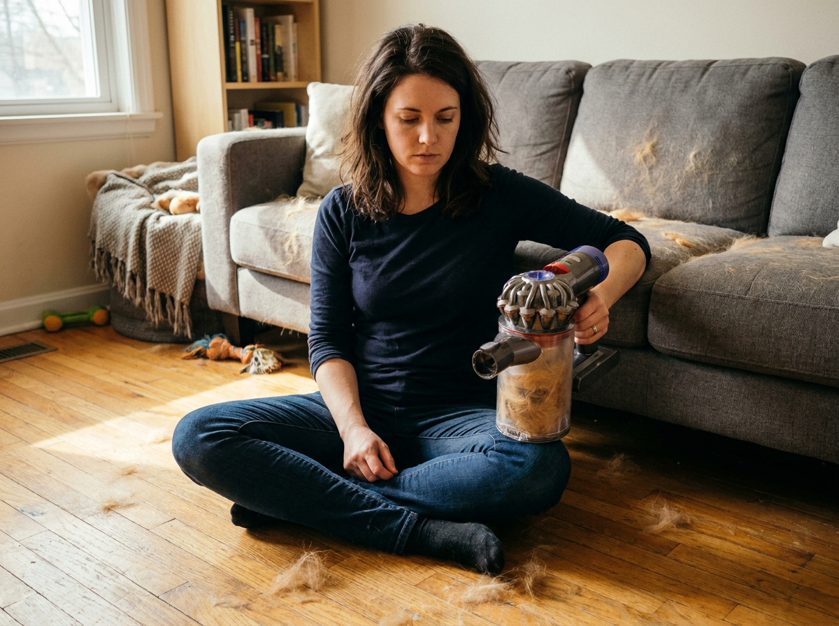 A woman sits on the floor with a handheld vacuum full of pet hair, surrounded by more hair.