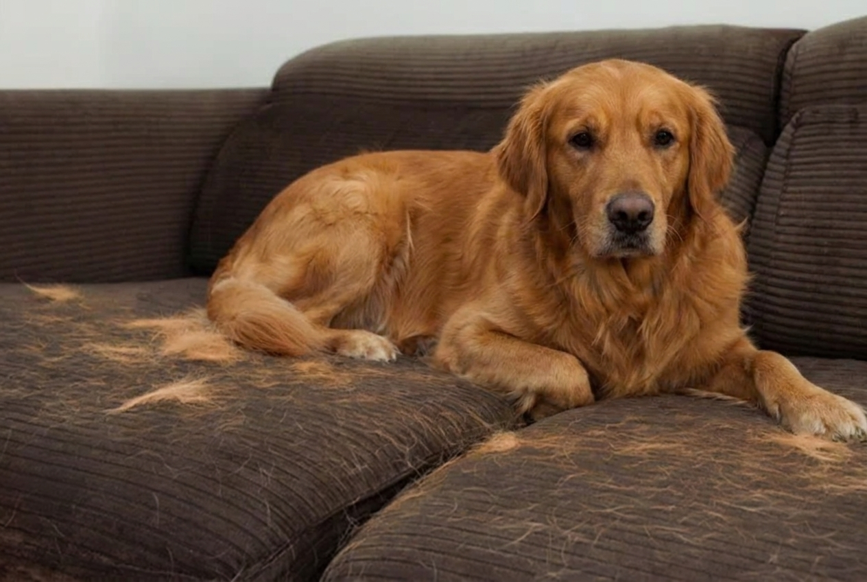 A golden retriever dog lies on a brown couch that is covered in dog hair.