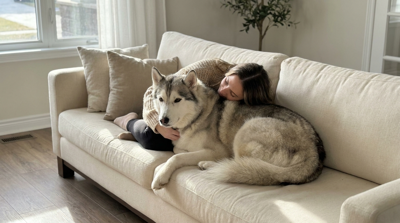 A woman lies on a beige couch and cuddles with a large husky dog in a sunlit room.
