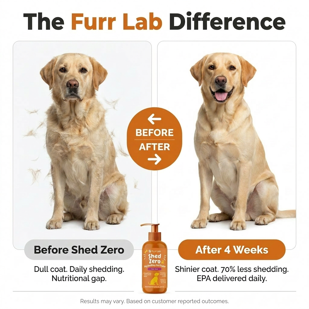 A before and after image of a Labrador retriever showing reduced shedding and a shinier coat after treatment.