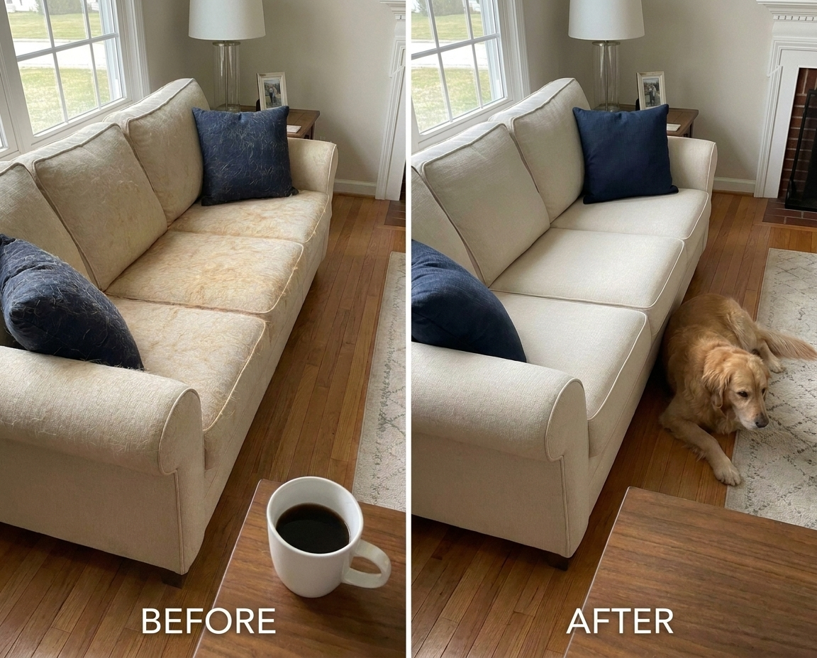 A before-and-after comparison of a couch, showing it covered in pilling and then clean and smooth.