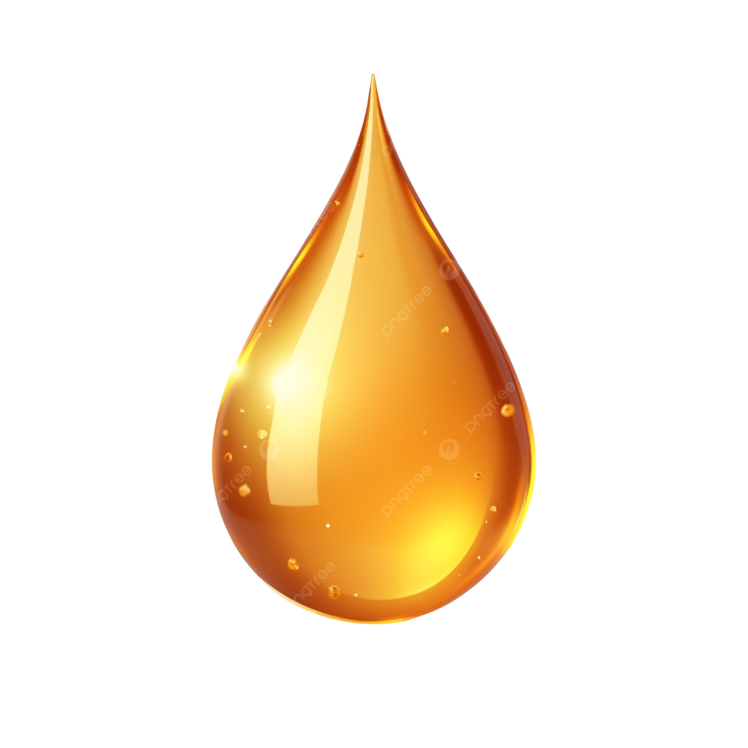 A single, shiny teardrop-shaped droplet of golden liquid with reflections and small bubbles.