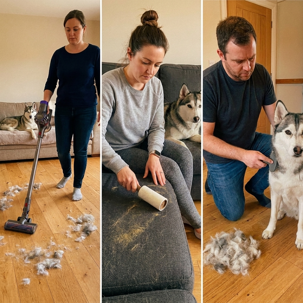 A triptych showing people vacuuming, lint-rolling, and brushing large amounts of fur from a husky dog.