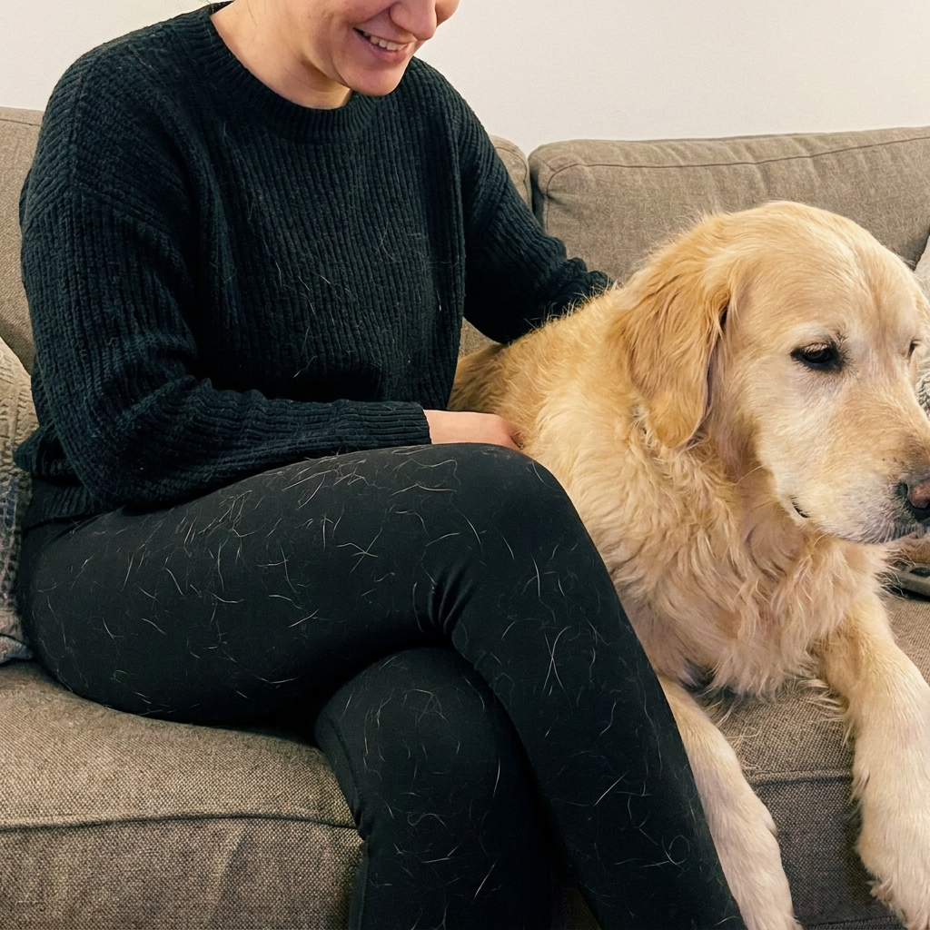 A person wearing black clothes covered in dog hair sits on a couch next to a golden retriever.