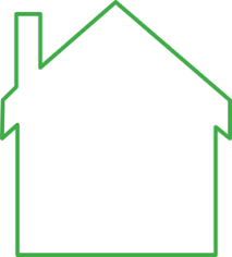 A simple green outline of a house with a chimney on a white background.