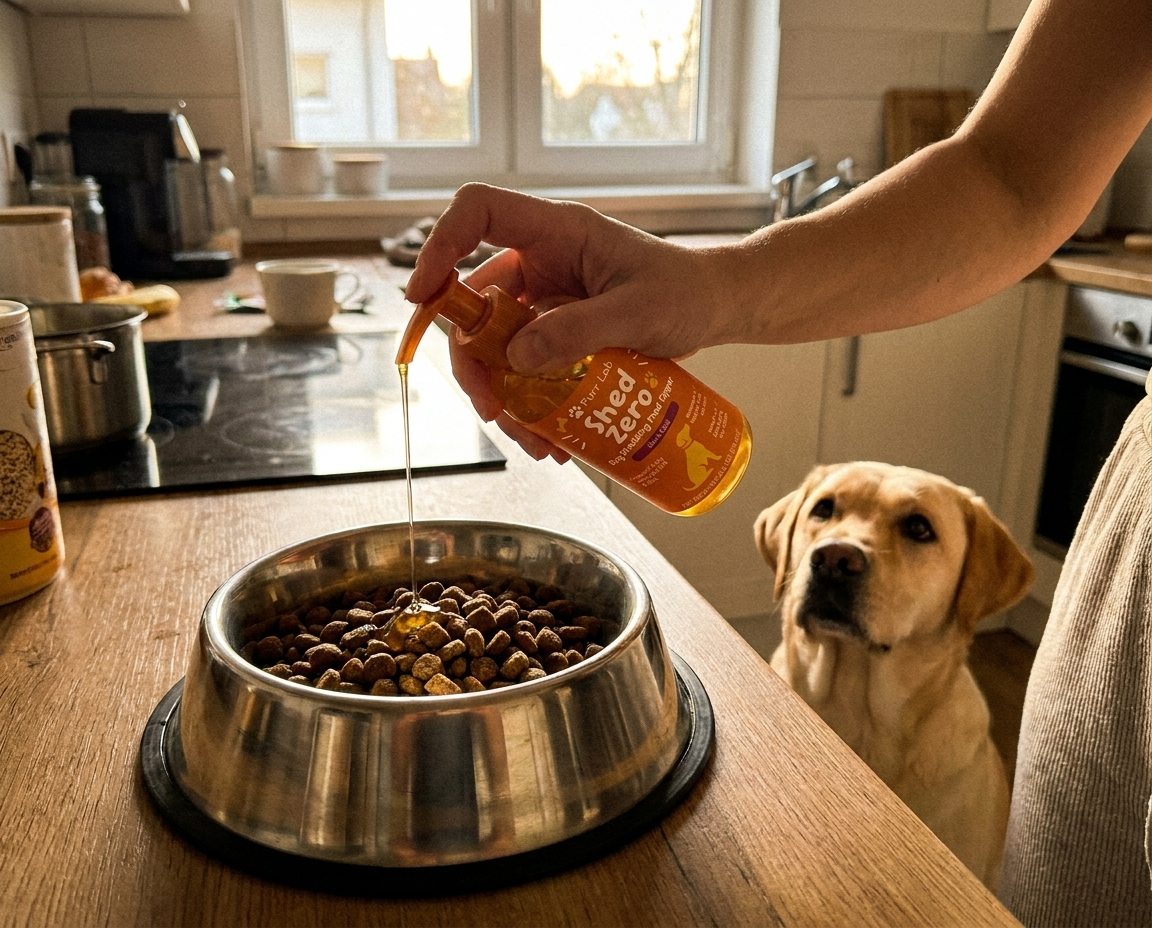 A person pours a liquid supplement onto kibble in a bowl as a yellow Labrador retriever watches.