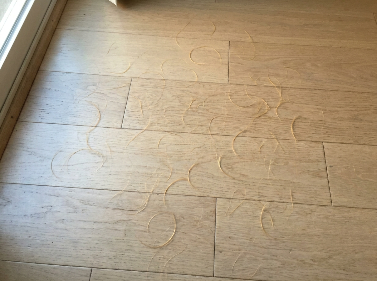 Numerous strands of light-colored hair are scattered across a light wood floor next to a door frame.