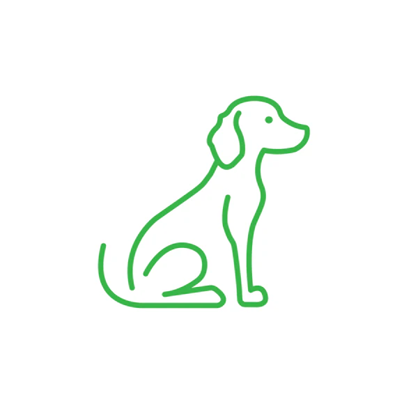A simple green line drawing of a dog sitting on a white background.