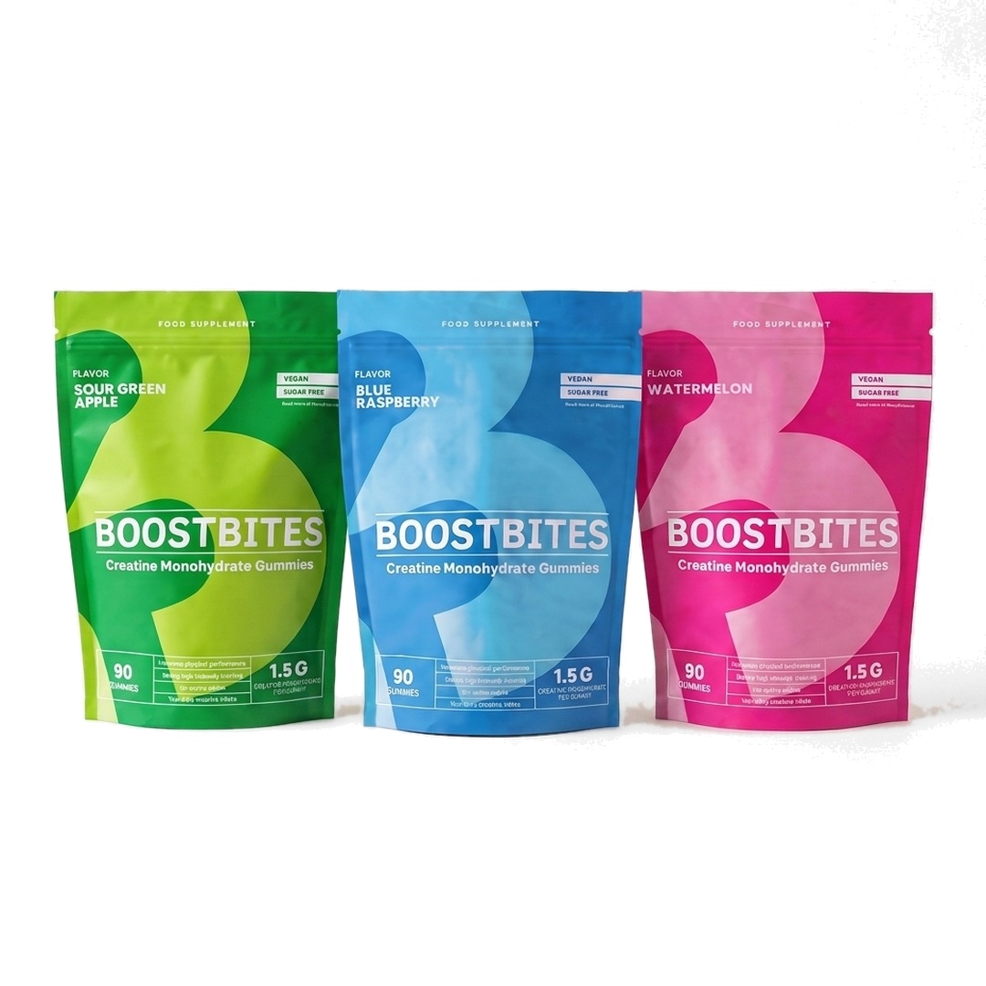 Three pouches of Boostbites creatine gummies in Sour Green Apple, Blue Raspberry, and Watermelon flavors.