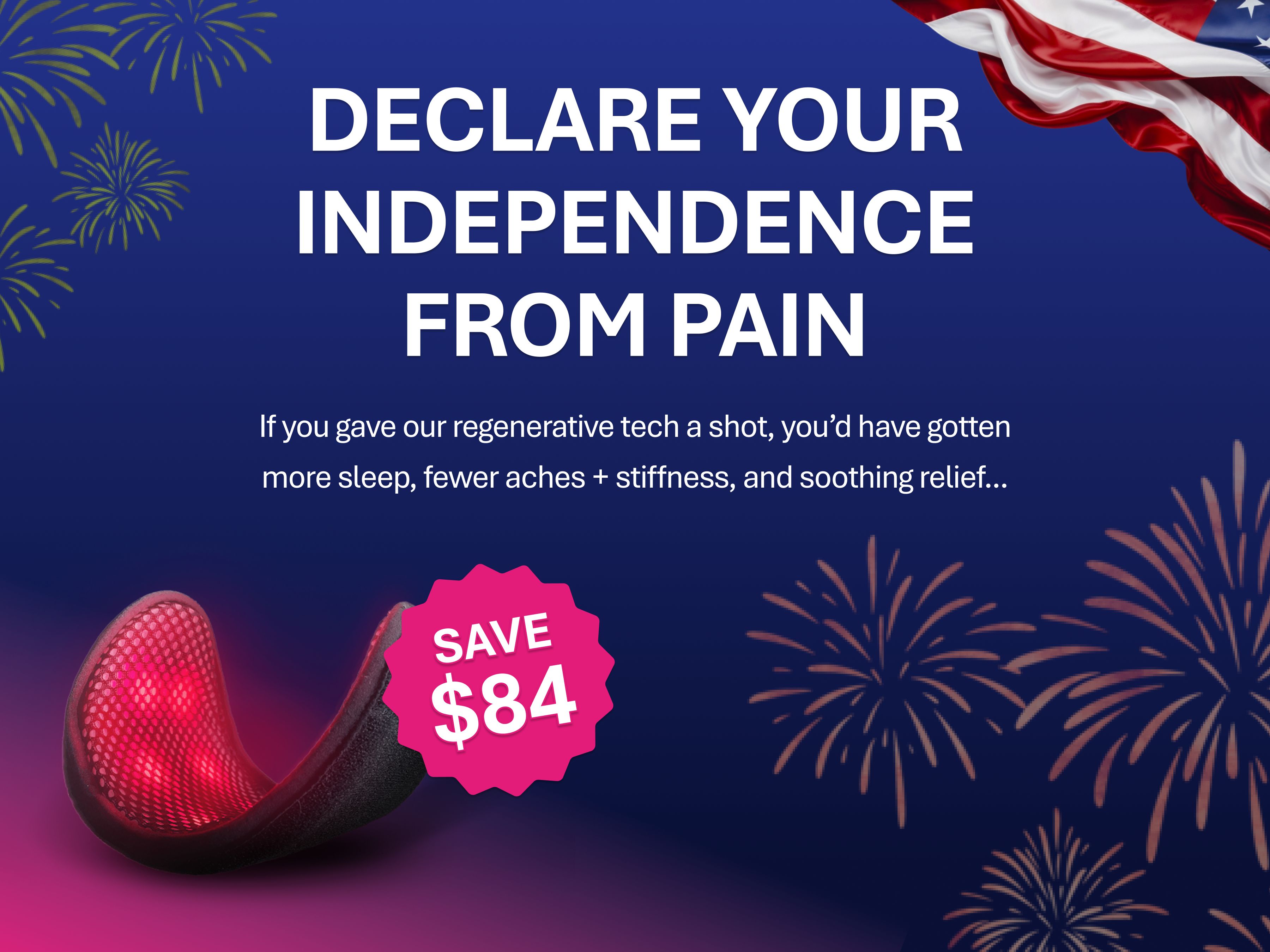 American flag and fireworks with promotional overlay text.