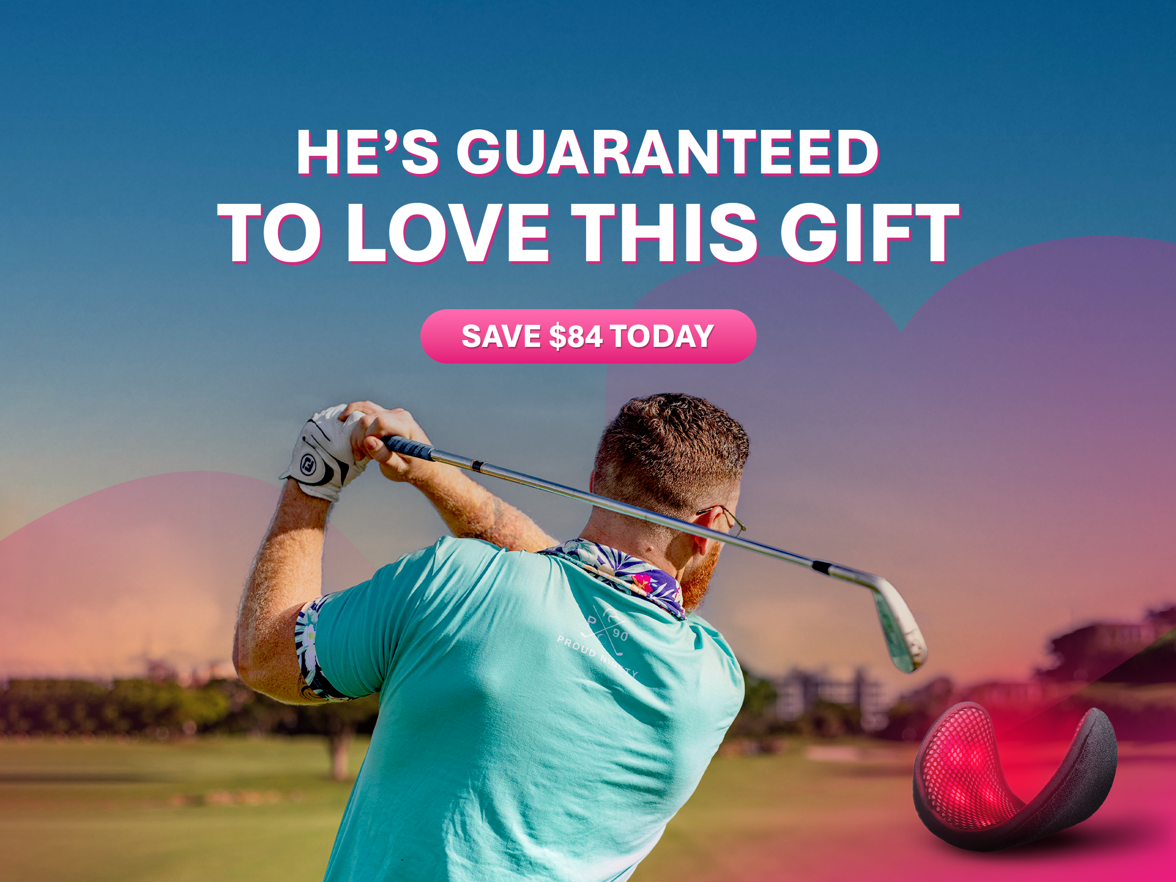 Man swinging golf club with promotional text overlay.
