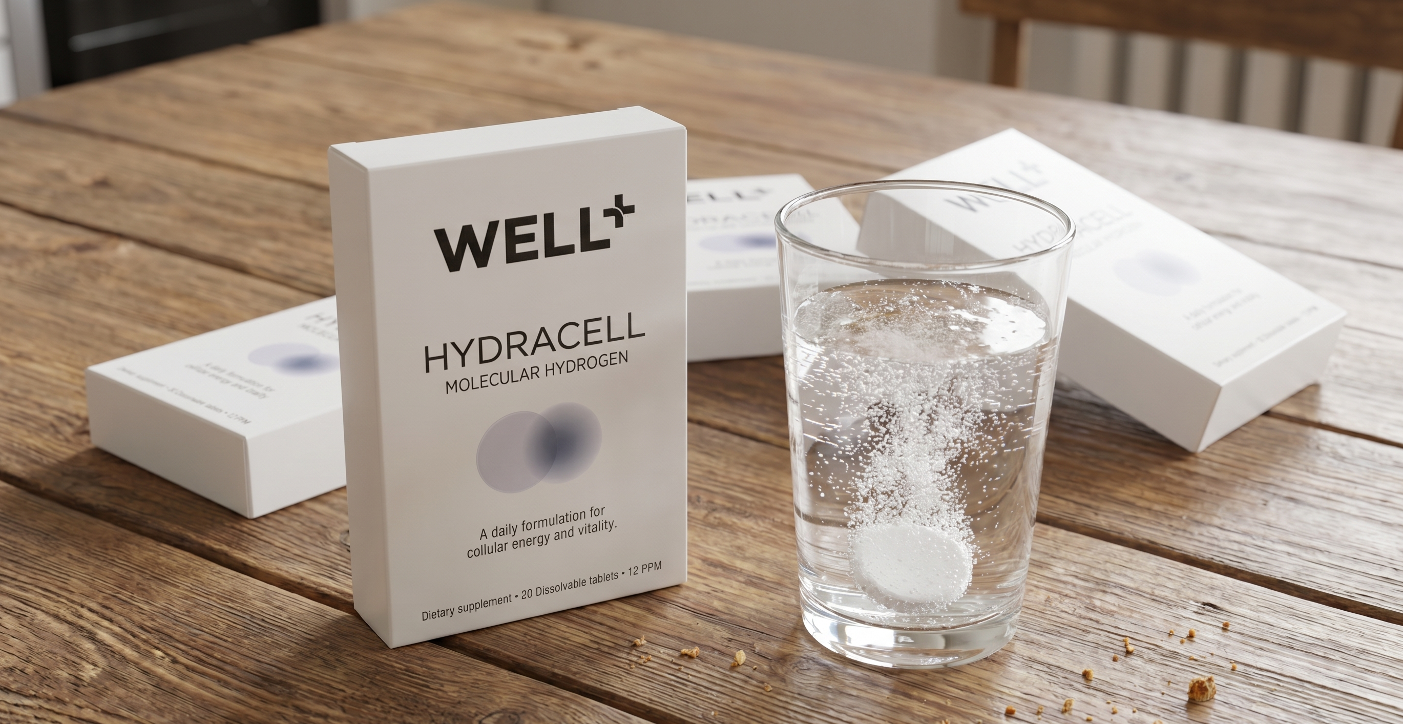 A tablet dissolves in a glass of water next to boxes of Well+ Hydracell molecular hydrogen supplement.