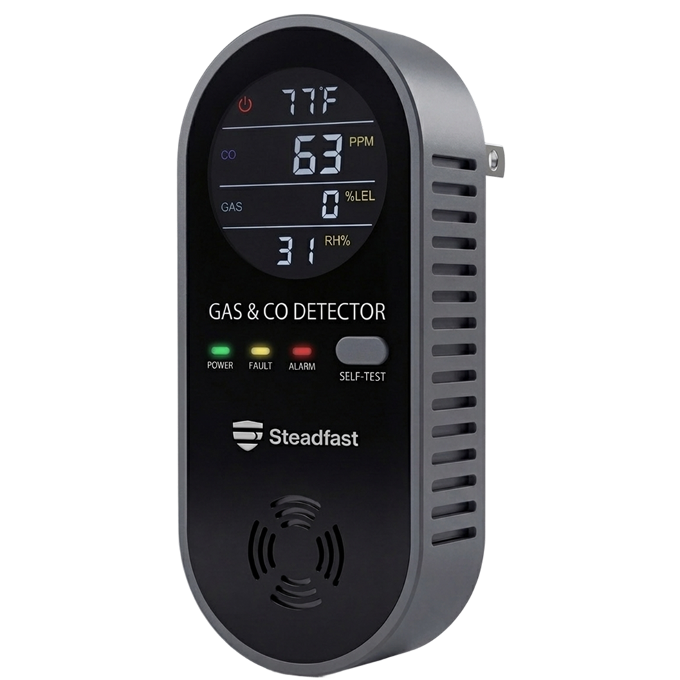 A black and grey Steadfast plug-in gas and carbon monoxide detector with a digital display.